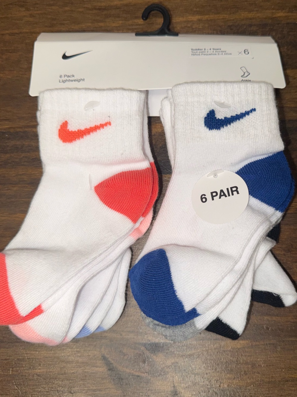 Nike Kids 6-Pack White Crew Socks with Blue,coral,pink,black,grey,purple